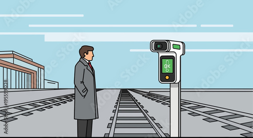 Man waits on train platform next to railway signal with camera