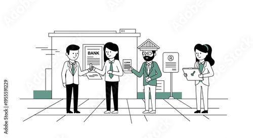 Bank employees assist customers with loan applications and financial transactions at the counter