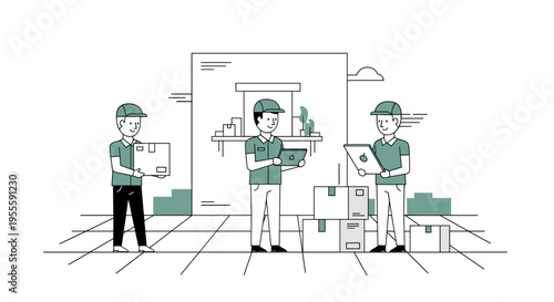 Delivery workers with boxes and tablets in a warehouse setting, modern flat illustration style