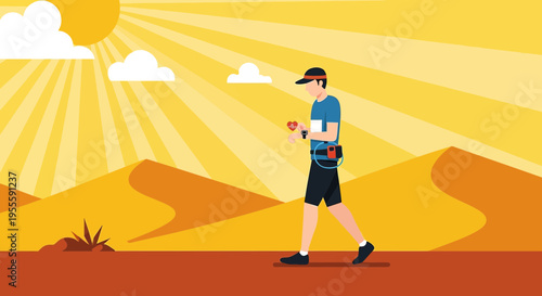 Man walking in desert with sun and sand dunes, outdoor activity, fitness concept