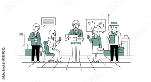 Business people at airport check-in with luggage and boarding passes, minimalist illustration