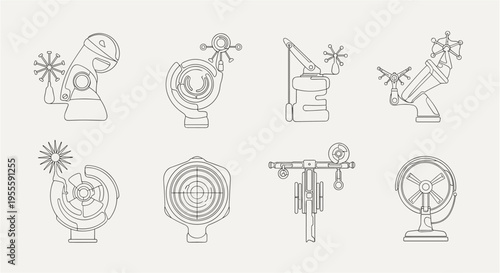 Collection of eight unique steampunk-inspired mechanical device line art illustrations