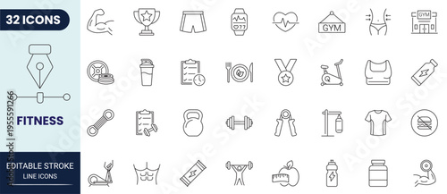 Fitness icon set in outline style. Modern icon collection. Editable stroke. Full vector collection.