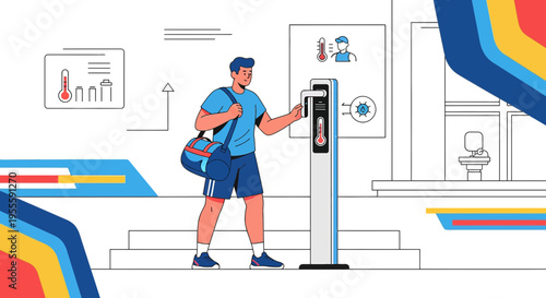 Man with gym bag uses contactless thermometer at entrance for health check