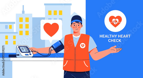 Man with blood pressure monitor, healthy heart check, medical concept, city background