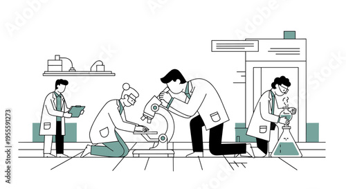 Scientists in a laboratory conducting experiments with microscopes and beakers