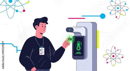 Man with ID card using contactless temperature scanner for health check at entrance