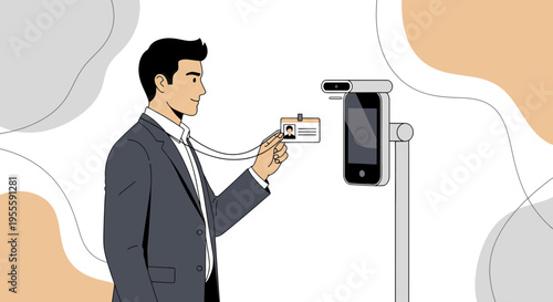 Man with ID badge scans at modern access control terminal for security and entry