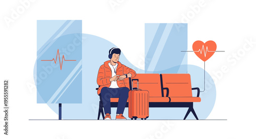Man with headphones and luggage waiting in airport, health monitor icon