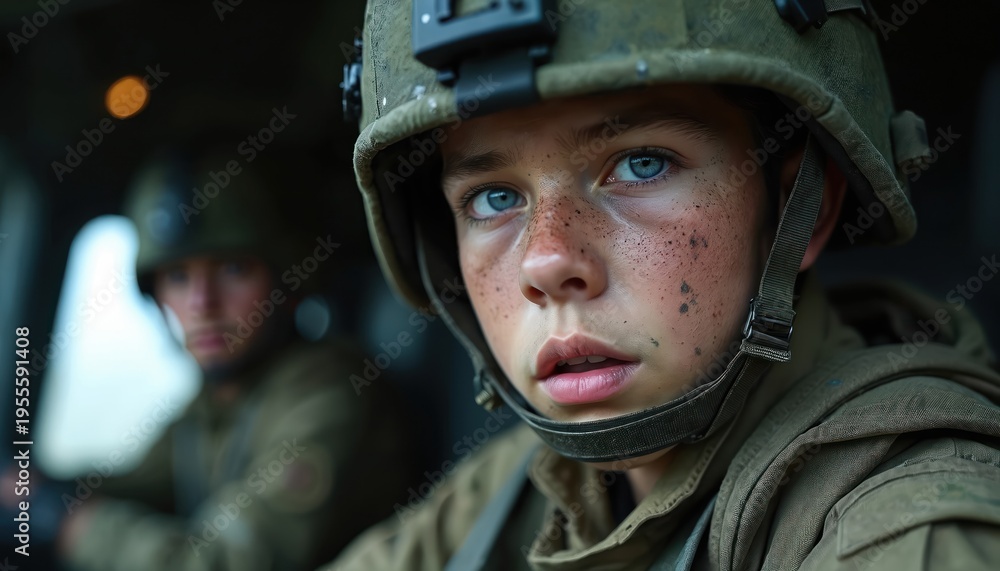Fototapeta premium Young soldier with blue eyes, dirt on face inside military helicopter looks intently ahead. Another soldier blurred in background sits in aircraft. Focused military personnel wears helmet, uniform,