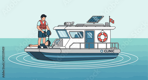 Medical boat clinic provides healthcare services on water, doctor assisting patient