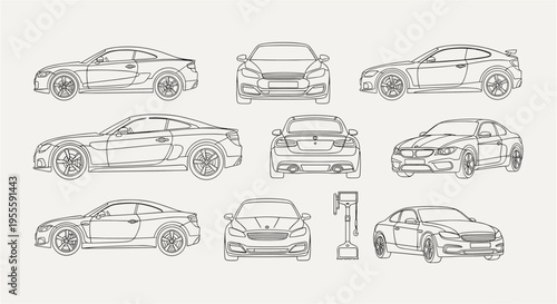 Set of car line icons including sedan coupe suv and front rear views. Vector outline icon collection isolated on white background. Transport concept. Design for poster, banner, sticker, print