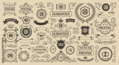 Vintage decorative elements set with badges frames ribbons crowns shields and labels with typography monograms. Vector engraving style illustration isolated on beige background. Retro branding concept