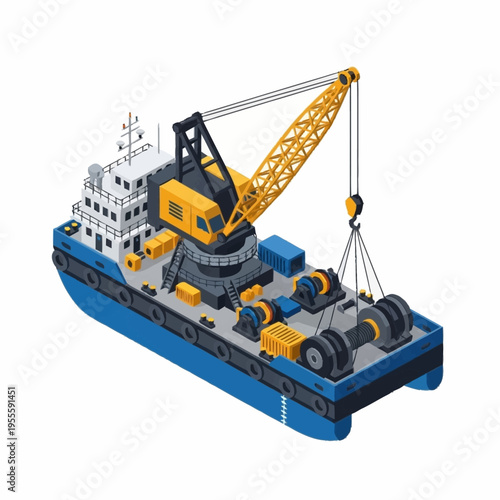 Isometric offshore crane vessel for heavy lifting and construction operations.