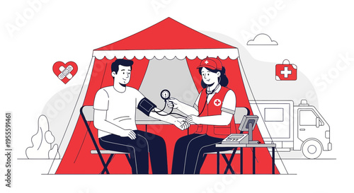 Medical Checkup: Nurse Measures Blood Pressure of Patient in Red Tent, Health Care Concept