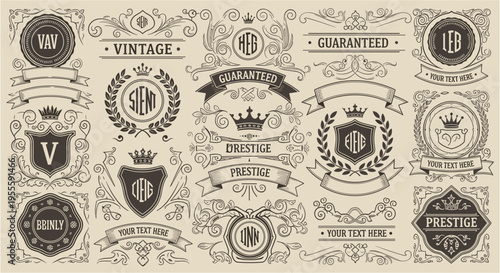 Vintage decorative elements set with badges frames ribbons crowns shields and labels with typography letters. Vector engraving style illustration isolated on beige background. Retro branding concept. 