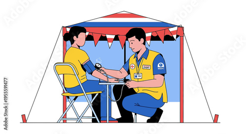 Medical Check-up Tent: Nurse Takes Blood Pressure of Patient at Outdoor Health Event