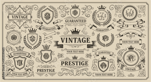 Vintage decorative elements set with badges frames ribbons crowns shields and labels with typography text. Vector engraving style illustration isolated on beige background. Retro branding concept. 
