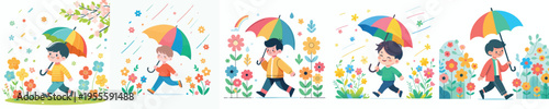 vector of little boy walking with umbrella in spring