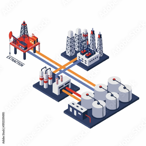 Isometric oil and gas industry extraction refinery storage process.