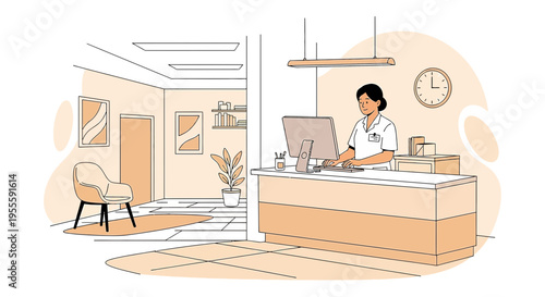 Medical Receptionist at Desk in Modern Clinic Waiting Room with Chair and Plant