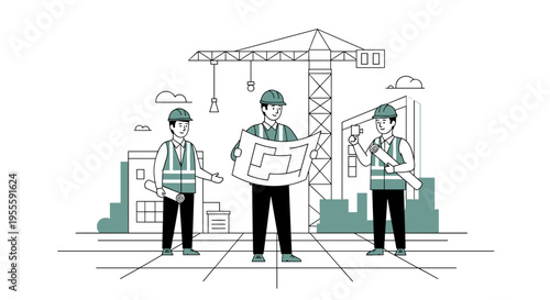 Construction workers in hard hats and vests reviewing blueprints at a building site with a crane