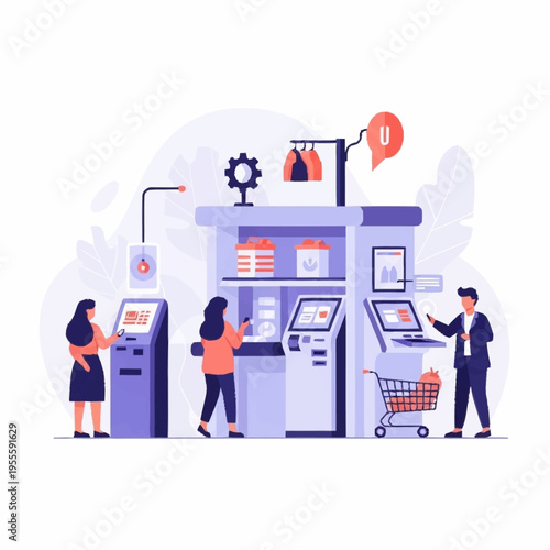 People shopping at an automated retail store with self-service kiosks.