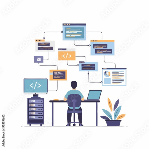 Programmer working on complex software development and data flow.