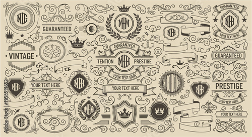 Vintage decorative elements set with badges frames ribbons crowns shields and labels with typography. Vector engraving style illustration isolated on beige background. Retro branding concept. Design 