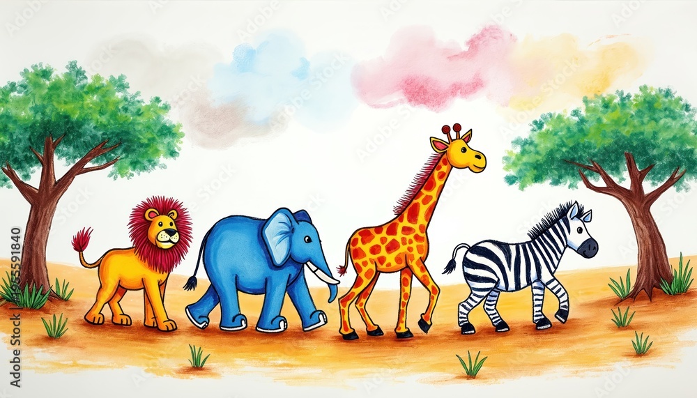 Fototapeta premium Childlike drawing of lion, elephant, giraffe, zebra walking in savanna. Colorful cartoon animals under trees with clouds overhead. Simple art for kids