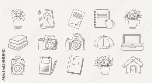 Collection of line art icons representing everyday objects and hobbies for creative projects