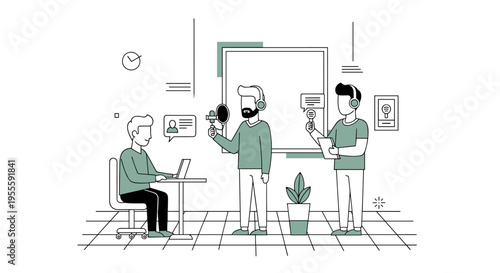 Three people in a studio recording a podcast with microphones and headphones, one person working on laptop