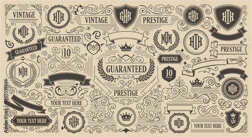 Vintage ornamental design elements with monograms, ribbons, and shields