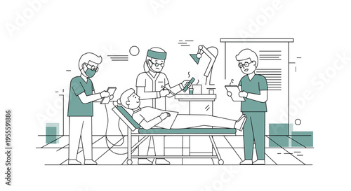 Medical team attending to patient on examination table with digital devices and equipment