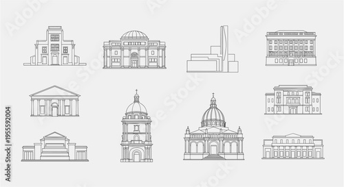 Collection of diverse architectural building line art icons on a plain background