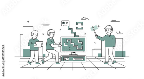 Team of people collaborating on a video game development project with computers and controllers