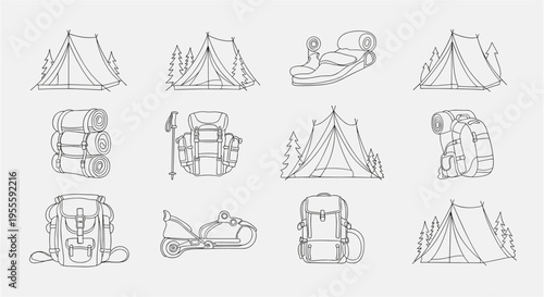 Collection of hand-drawn camping and hiking gear icons in a minimalist line art style