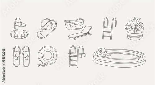 Collection of summer pool accessories and inflatable items for water fun