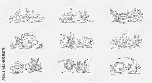 Collection of simple line art illustrations of various fish and aquatic plants on a neutral background
