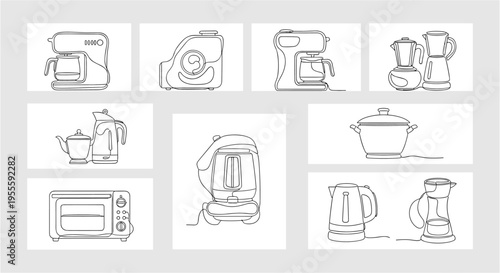 Collection of minimalist line art drawings of various kitchen appliances and cookware