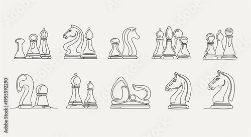 Collection of chess pieces drawn in a minimalist continuous line art style