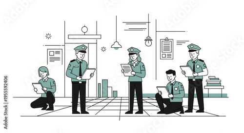 Police officers in uniform reviewing documents and using tablets in an office setting