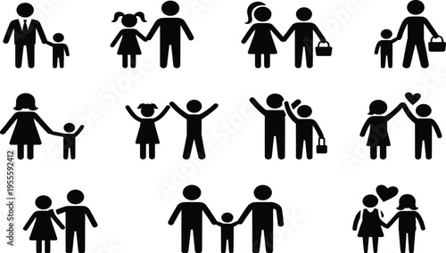 Black silhouette icons of families, parents and children in various poses, caregiving figures, love and connection symbols, universal family relationship illustration set