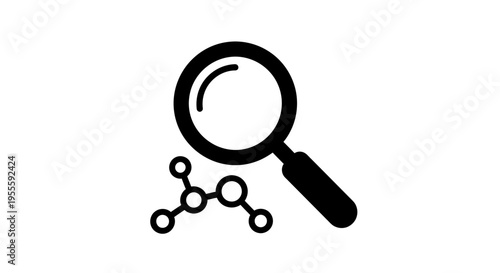 Magnifying glass examining molecular structure, symbol of scientific investigation