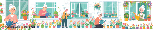 vector of grandma taking care of flowers on window in spring