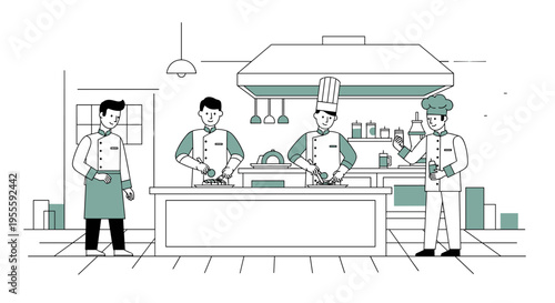 Four chefs in a professional kitchen preparing food and working together harmoniously