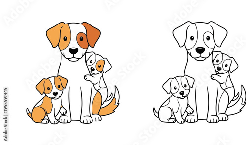 Cute Jack Russell Terrier Mother Dog with Two Puppies Illustration Set, Hand Drawn Vector Canine Family, Coloring Book Page and Colored Character Design for Kids isolated on White