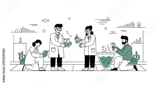 Scientists in a laboratory conducting experiments with liquids and equipment