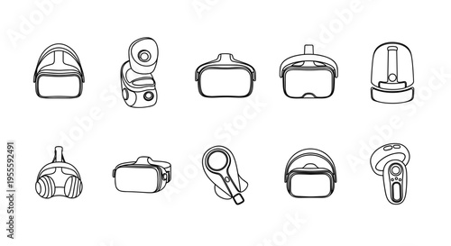 Collection of virtual reality headsets and controllers in a clean line art style