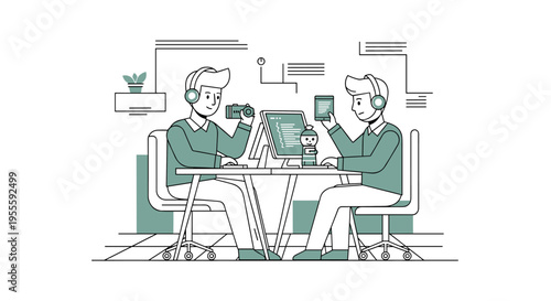 Two developers collaborating on a project, one holding a camera and the other a smartphone